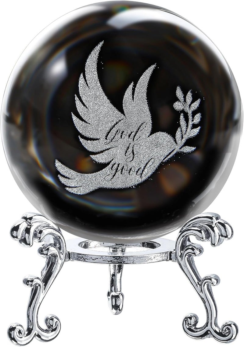 ZEERSHEE 60mm Glass Peace Dove Ball Laser Etched Dove with Olive Branch Crystal Pigeon Ornament with Stand Decor for Home Table - Image 1